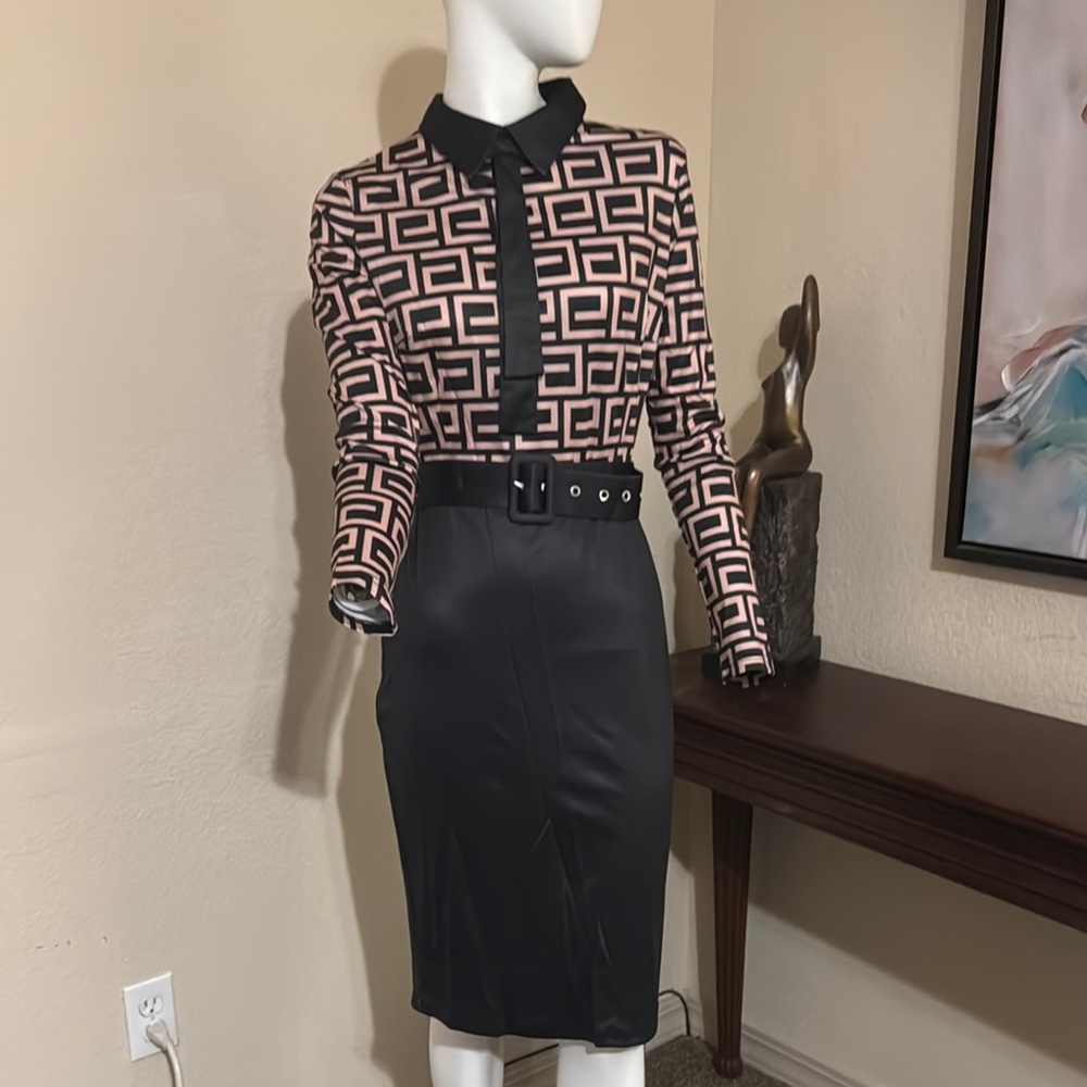 Designer Geometric Print Dress with Belt
